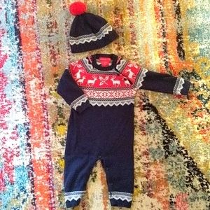 Fair isle style knit one piece with matching hat